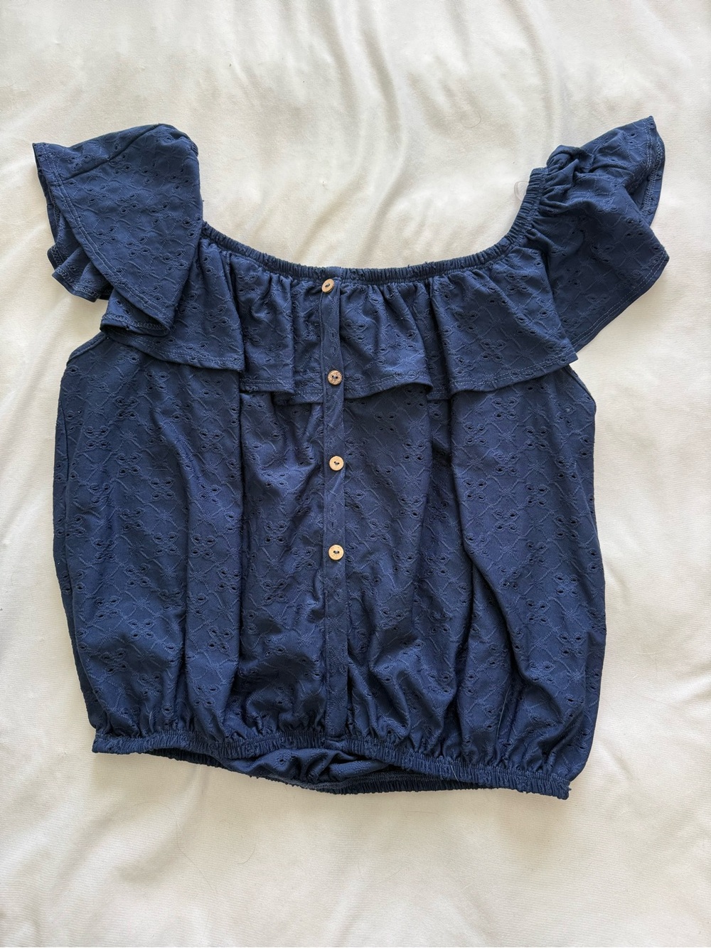 Free Kisses Navy Eyelet Off-Shoulder Ruffle Crop Top